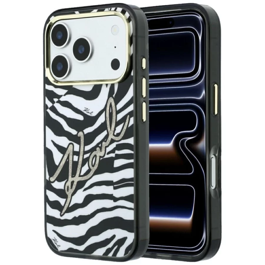 Etui Karl Lagerfeld IML Signature Zebra Glitter MagSafe na iPhone 17 Pro Max / 18 Pro Max - złote