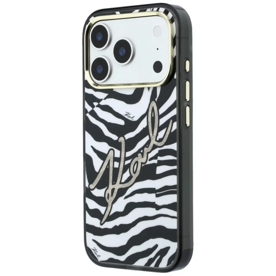 Etui Karl Lagerfeld IML Signature Zebra Glitter MagSafe na iPhone 17 Pro Max / 18 Pro Max - złote