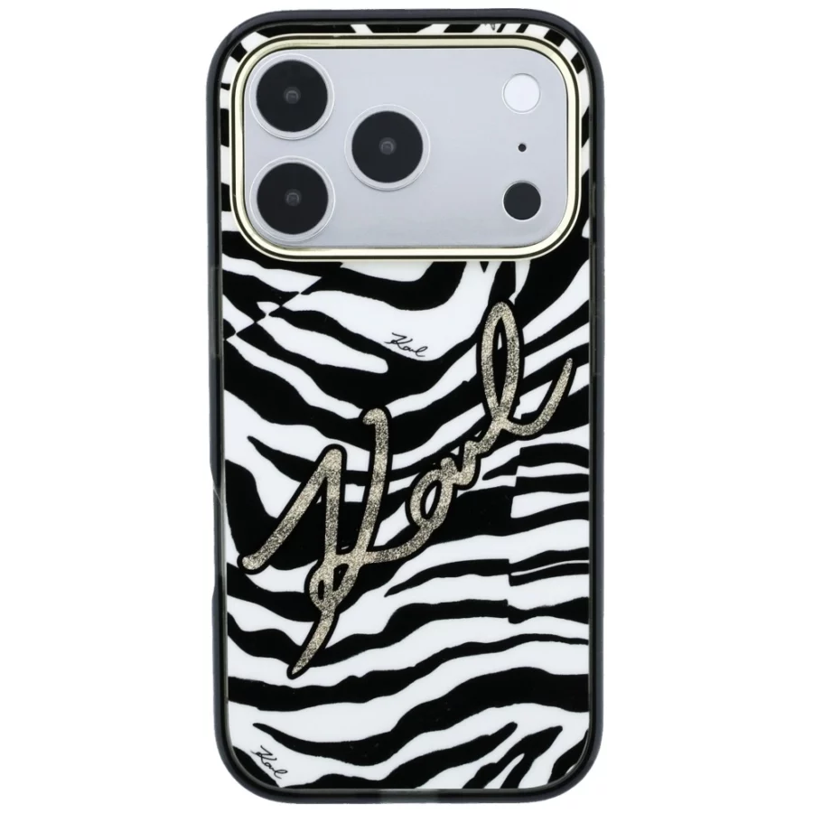 Etui Karl Lagerfeld IML Signature Zebra Glitter MagSafe na iPhone 17 Pro Max / 18 Pro Max - złote