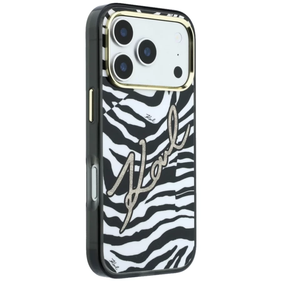 Etui Karl Lagerfeld IML Signature Zebra Glitter MagSafe na iPhone 17 Pro Max / 18 Pro Max - złote
