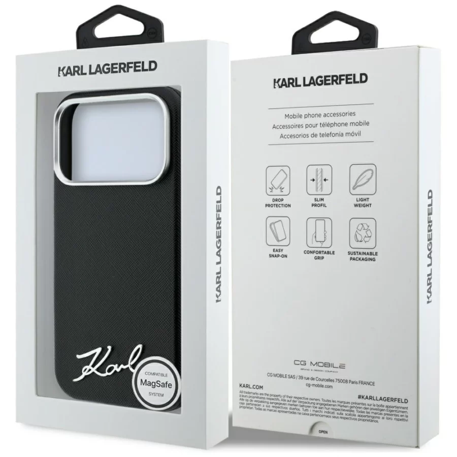 Etui Karl Lagerfeld Saffiano Small Script Metal Logo MagSafe na iPhone 17 Pro Max / 18 Pro Max - czarne