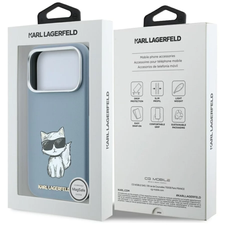 Etui Karl Lagerfeld Smooth Choupette Sketch MagSafe na iPhone 18 Pro / 17 Pro - jasnoniebieske