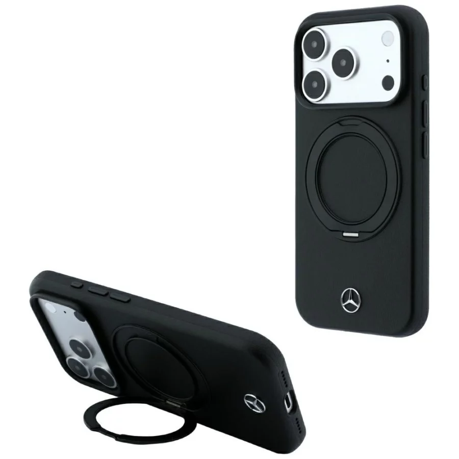 Etui Mercedes Leather with Ring Stand MagSafe na iPhone 18 Pro Max / 17 Pro Max / 17 Pro Max - czarne