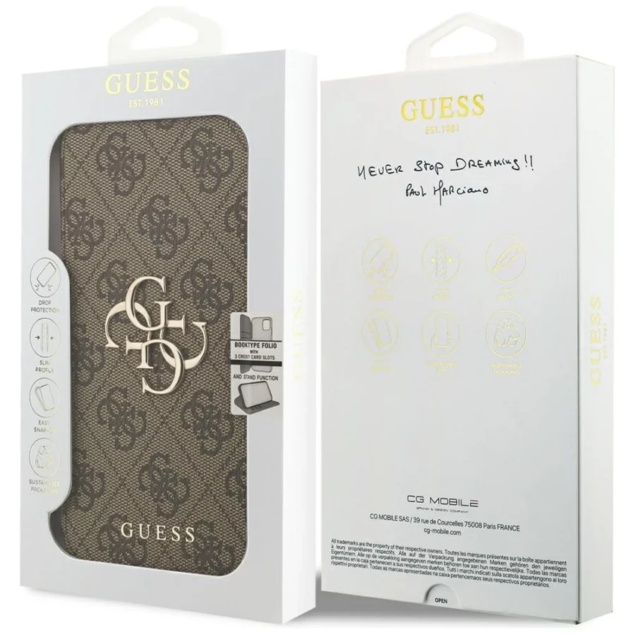 Etui Guess Book 4G Metal Logo na iPhone 18 Pro Max / 17 Pro Max - brązowe