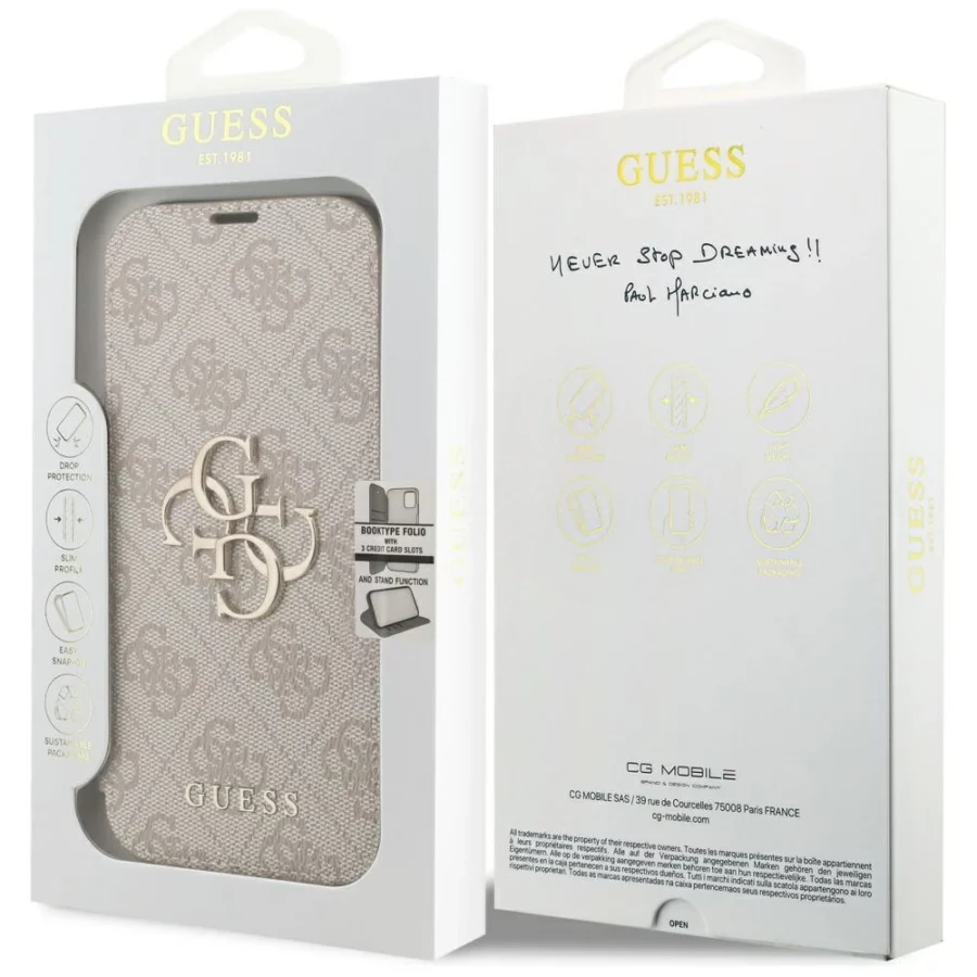 Etui Guess Book 4G Metal Logo na iPhone 18 Pro / 17 Pro - różowe