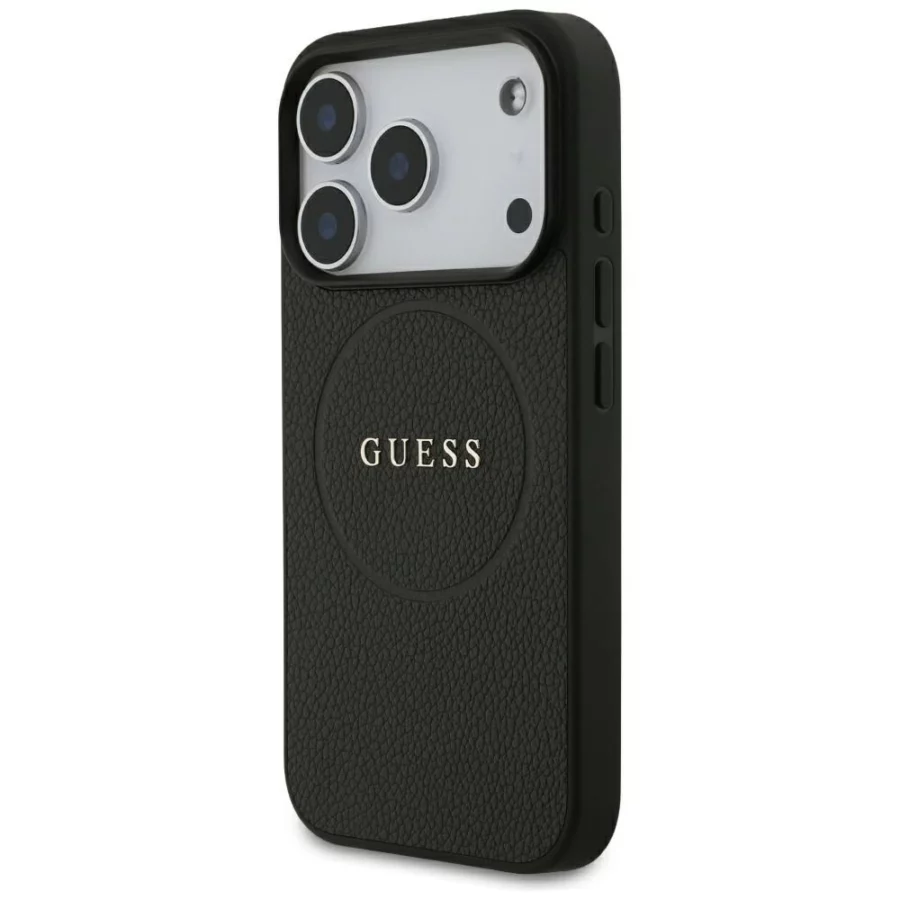 Etui Guess Grained Gold Ring MagSafe na iPhone 18 Pro / 17 Pro - czarne