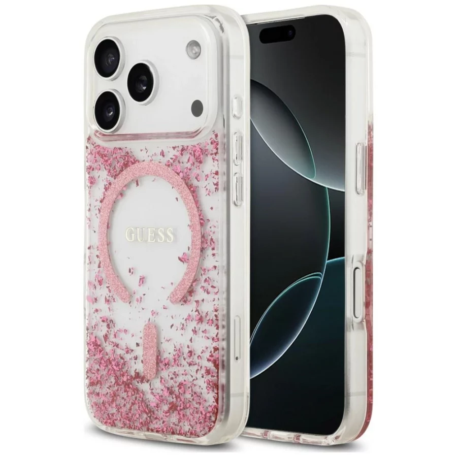 Etui Guess Resin Bottom Glitter MagSafe na iPhone 18 Pro / 17 Pro - różowe