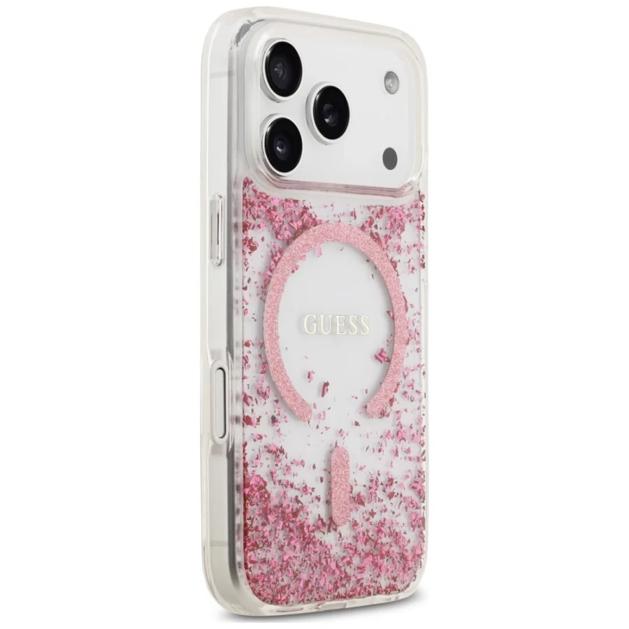 Etui Guess Resin Bottom Glitter MagSafe na iPhone 18 Pro / 17 Pro - różowe