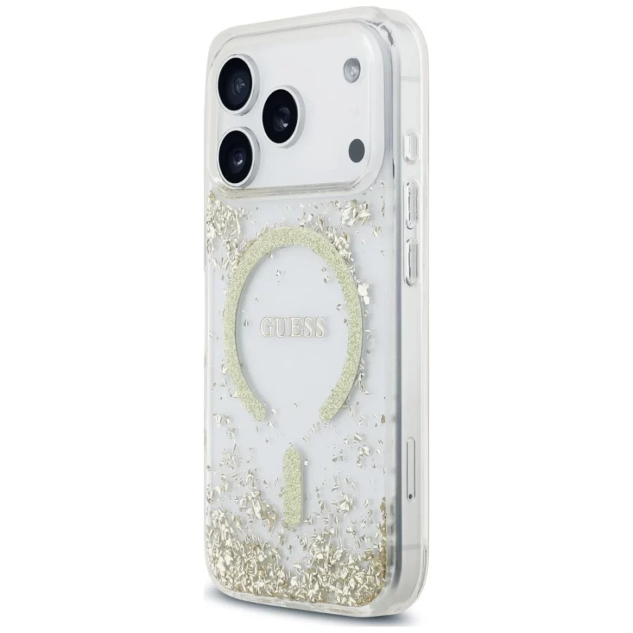 Etui Guess Resin Bottom Glitter MagSafe na iPhone 18 Pro / 17 Pro - złote