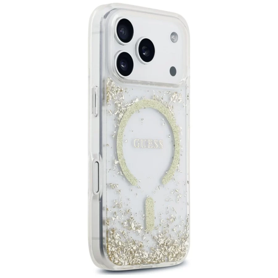 Etui Guess Resin Bottom Glitter MagSafe na iPhone 18 Pro / 17 Pro - złote