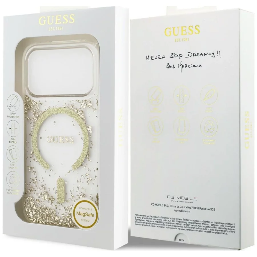 Etui Guess Resin Bottom Glitter MagSafe na iPhone 18 Pro / 17 Pro - złote