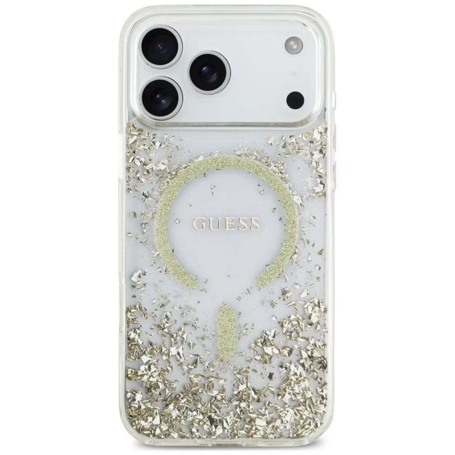 Etui Guess Resin Bottom Glitter MagSafe na iPhone 18 Pro Max / 17 Pro Max - złote