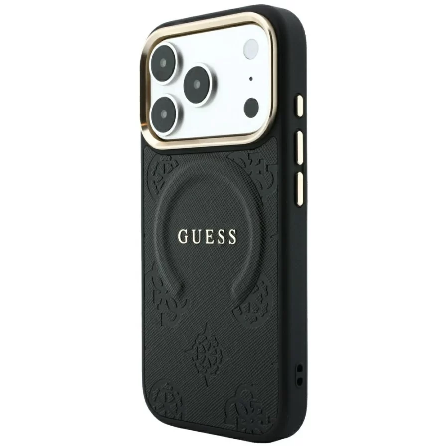 Etui Guess Saffiano Peony & Ring MagSafe na iPhone 17 Pro / 18 Pro - czarne