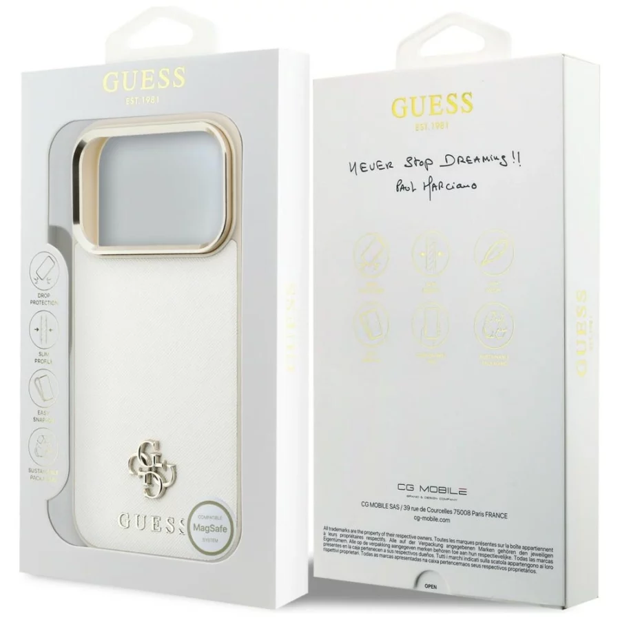 Etui Guess Saffiano Small 4G & Classic Logo MagSafe na iPhone 17 Pro Max / 18 Pro Max - beżowe