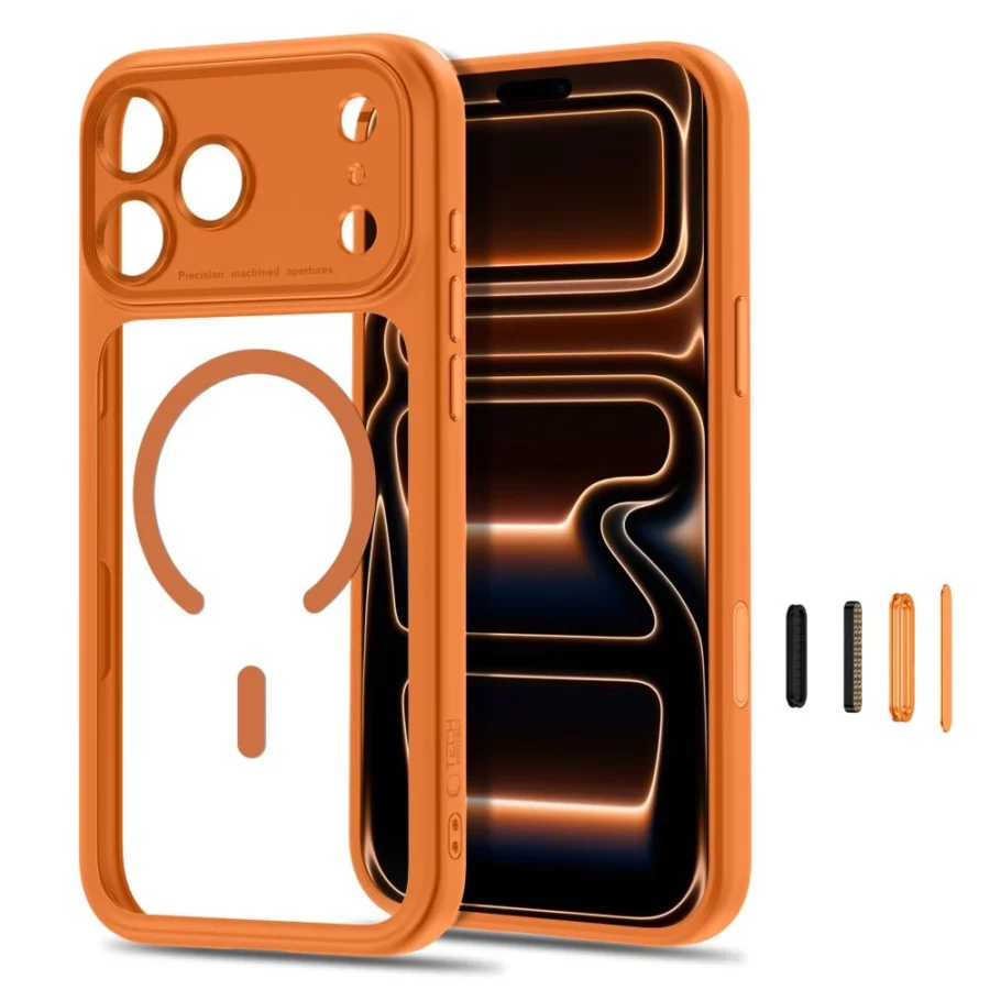 Etui Tech-Protect MagPeak MagSafe CC na iPhone 18 Pro / 17 Pro - przezroczysto-pomarańczowe