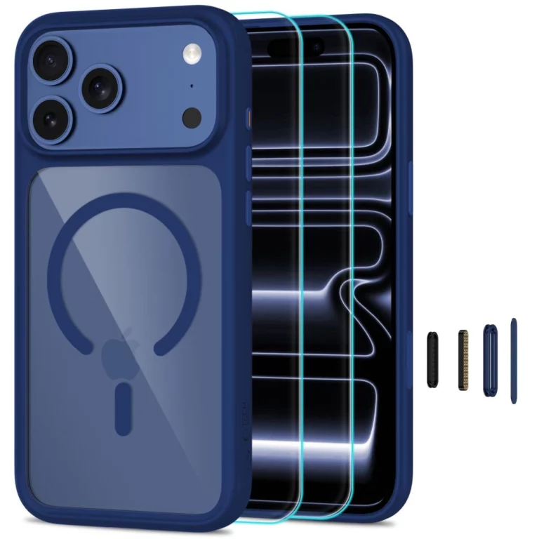 Etui Tech-Protect MagOne MagSafe CC + Szkło hartowane 2-Pack na iPhone 18 Pro Max / 17 Pro Max - przezroczysto-granatowe