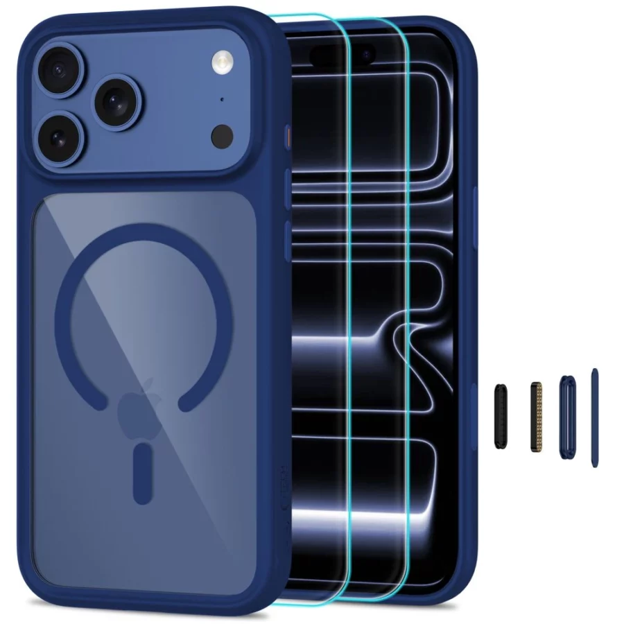 Etui Tech-Protect MagOne MagSafe CC + Szkło hartowane 2-Pack na iPhone 18 Pro Max / 17 Pro Max - przezroczysto-granatowe