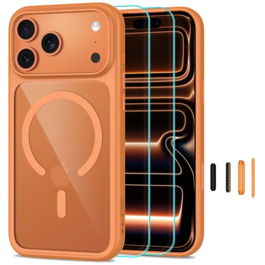 Etui Tech-Protect MagOne CC MagSafe + Szkło hartowane 2-Pack na iPhone 18 Pro / 17 Pro - przezroczysto-pomarańczowe