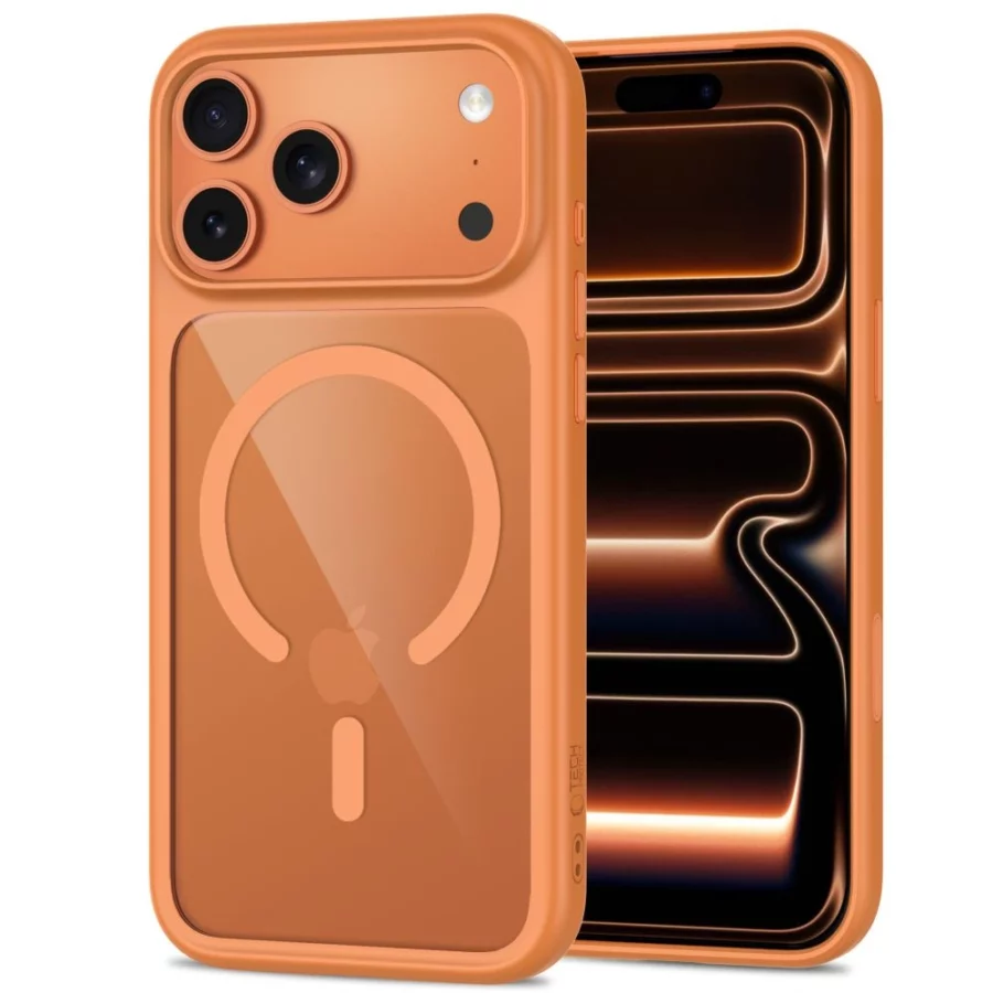 Etui Tech-Protect MagOne CC MagSafe + Szkło hartowane 2-Pack na iPhone 18 Pro / 17 Pro - przezroczysto-pomarańczowe