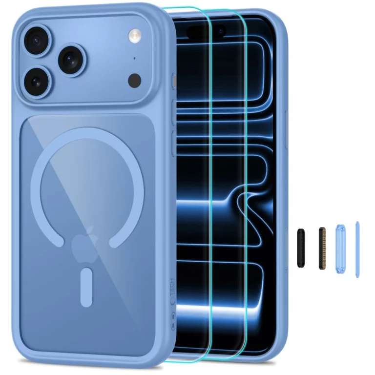 Etui Tech-Protect MagOne CC MagSafe + Szkło hartowane 2-Pack na iPhone 18 Pro / 17 Pro - przezroczysto-błętkitne