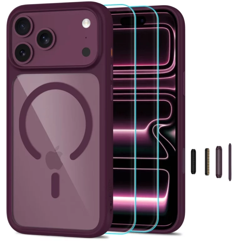 Etui Tech-Protect MagOne CC MagSafe + Szkło hartowane 2-Pack na iPhone 18 Pro Max / 17 Pro Max - przezroczysto-burgundowe