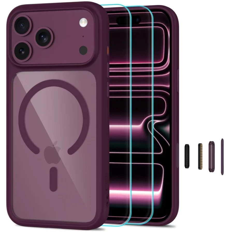 Etui Tech-Protect MagOne CC MagSafe + Szkło hartowane 2-Pack na iPhone 18 Pro Max / 17 Pro Max - przezroczysto-burgundowe