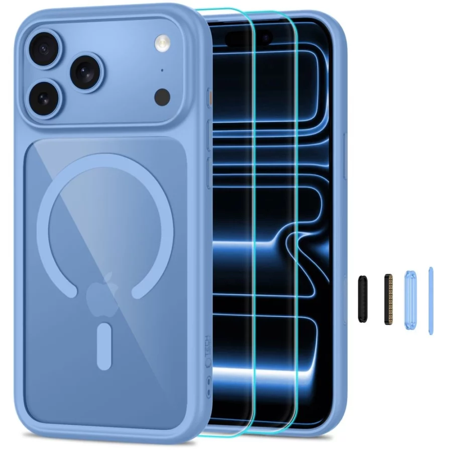 Etui Tech-Protect MagOne CC MagSafe + Szkło hartowane 2-Pack na iPhone 18 Pro Max / 17 Pro Max - przezroczysto-błękitne