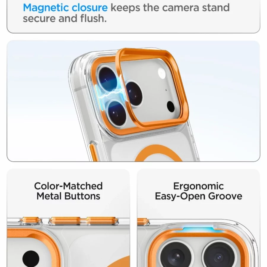 Etui Spigen Ultra Hybrid Optik S MagSafe na iPhone 18 Pro / 17 Pro - przezroczysto-pomarańczowy