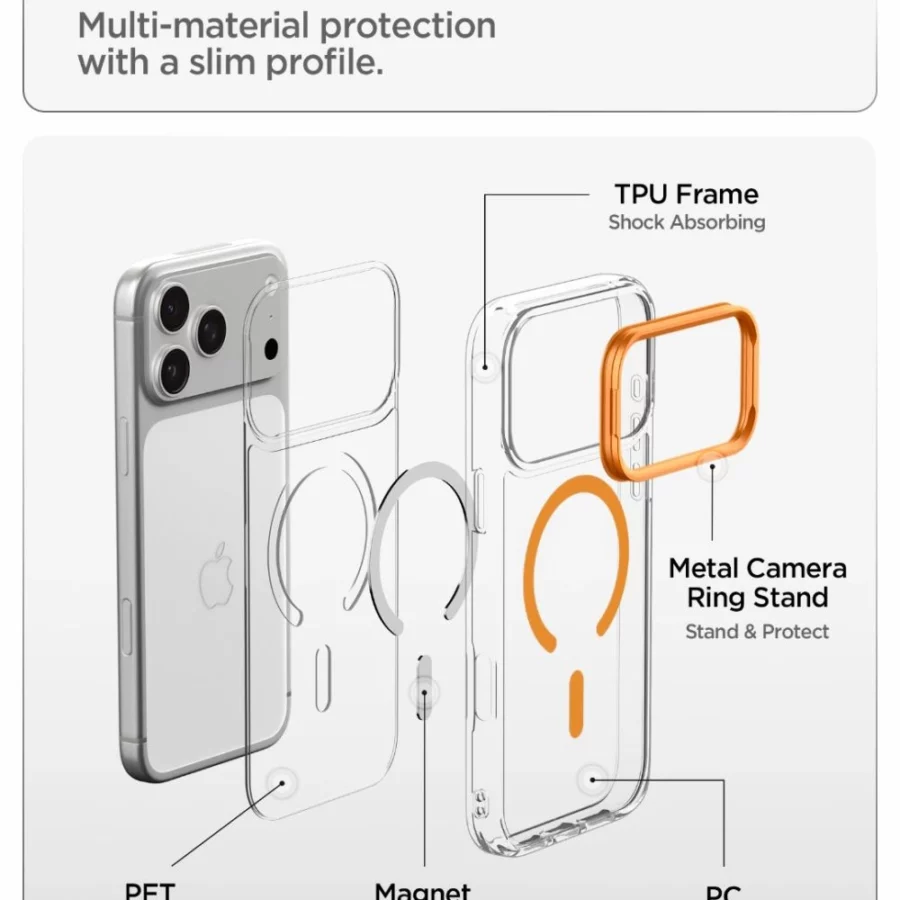 Etui Spigen Ultra Hybrid Optik S MagSafe na iPhone 18 Pro / 17 Pro - przezroczysto-pomarańczowy