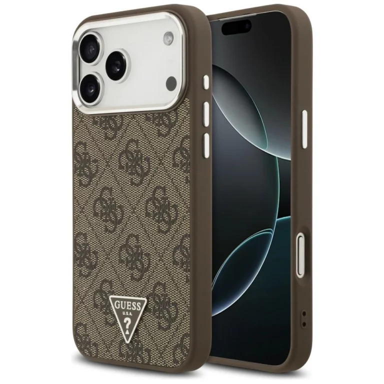 Etui Guess 4G Triangle Logo MagSafe na iPhone 18 Pro Max / 17 Pro Max - brązowo-srebrne