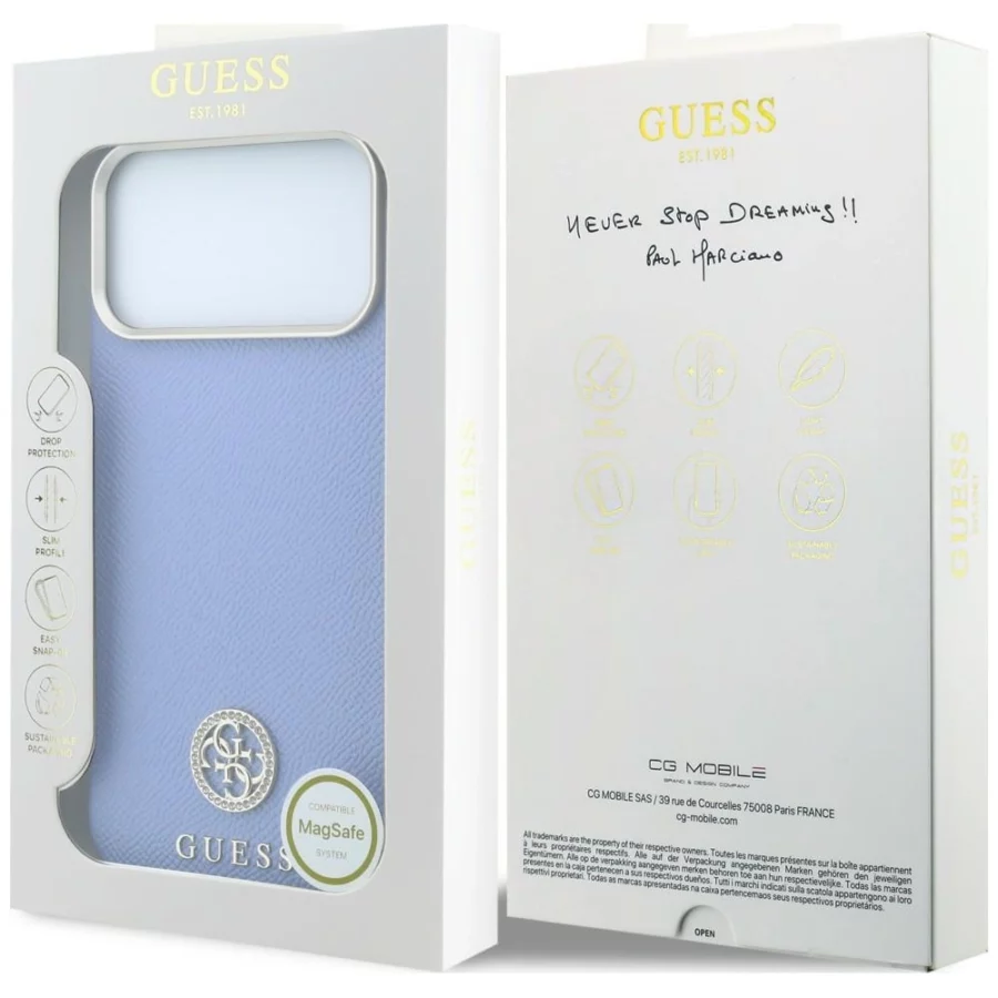 Etui Guess Grained Round Strass Logo MagSafe na iPhone 18 Pro Max / 17 Pro Max - niebieskie