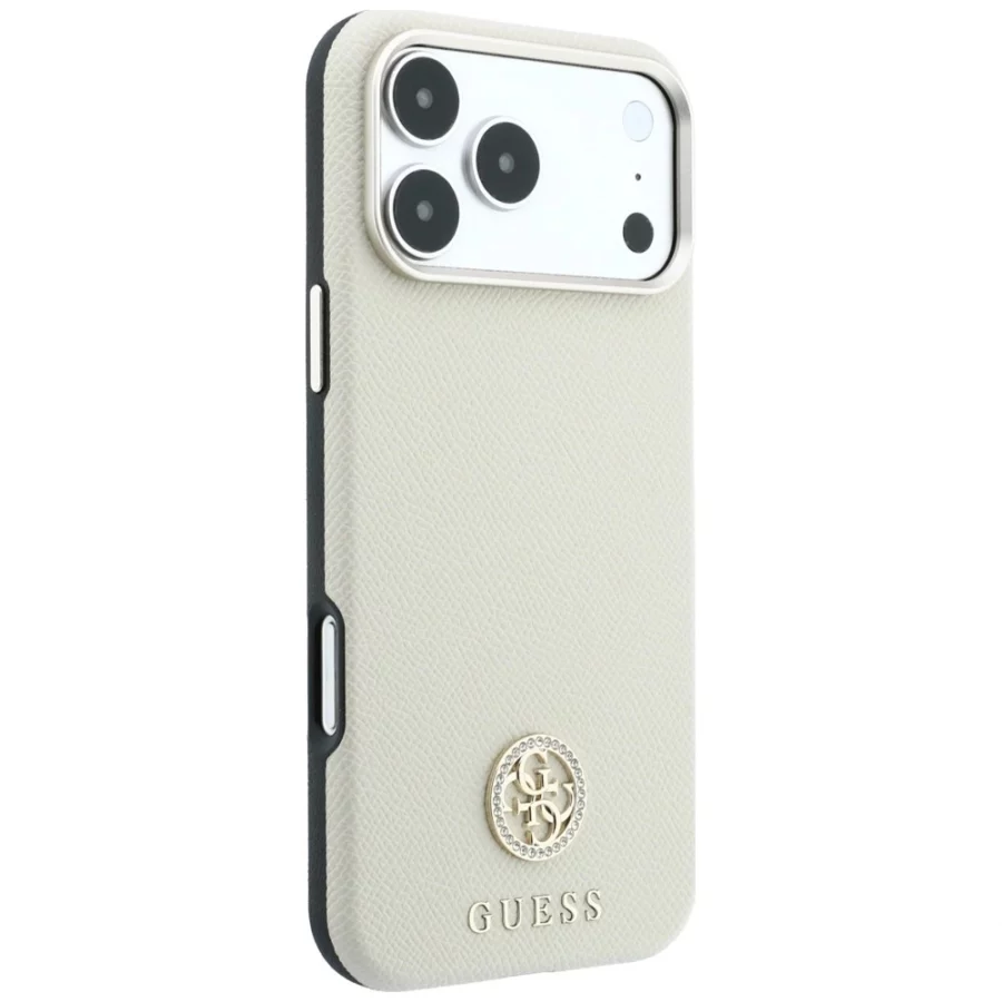 Etui Guess Grained Round Strass Logo MagSafe na iPhone 18 Pro / 17 Pro - beżowe
