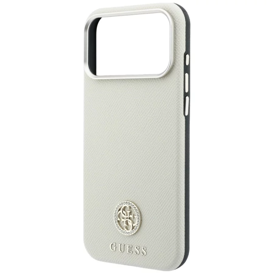 Etui Guess Grained Round Strass Logo MagSafe na iPhone 18 Pro / 17 Pro - beżowe