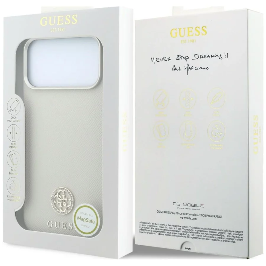 Etui Guess Grained Round Strass Logo MagSafe na iPhone 18 Pro Max / 17 Pro Max - beżowe