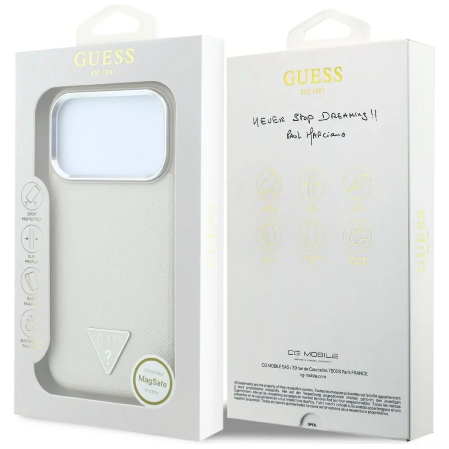 Etui Guess Grained Triangle Logo MagSafe na iPhone 18 Pro / 17 Pro - beżowe