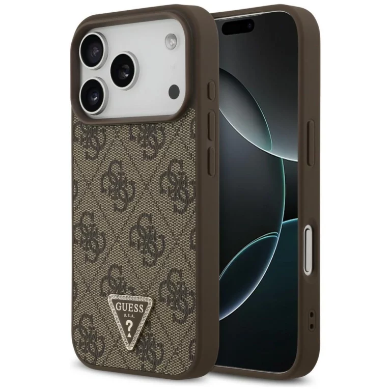 Etui Guess Leather 4G Triangle Strass MagSafe na iPhone 18 Pro / 17 Pro - brązowe