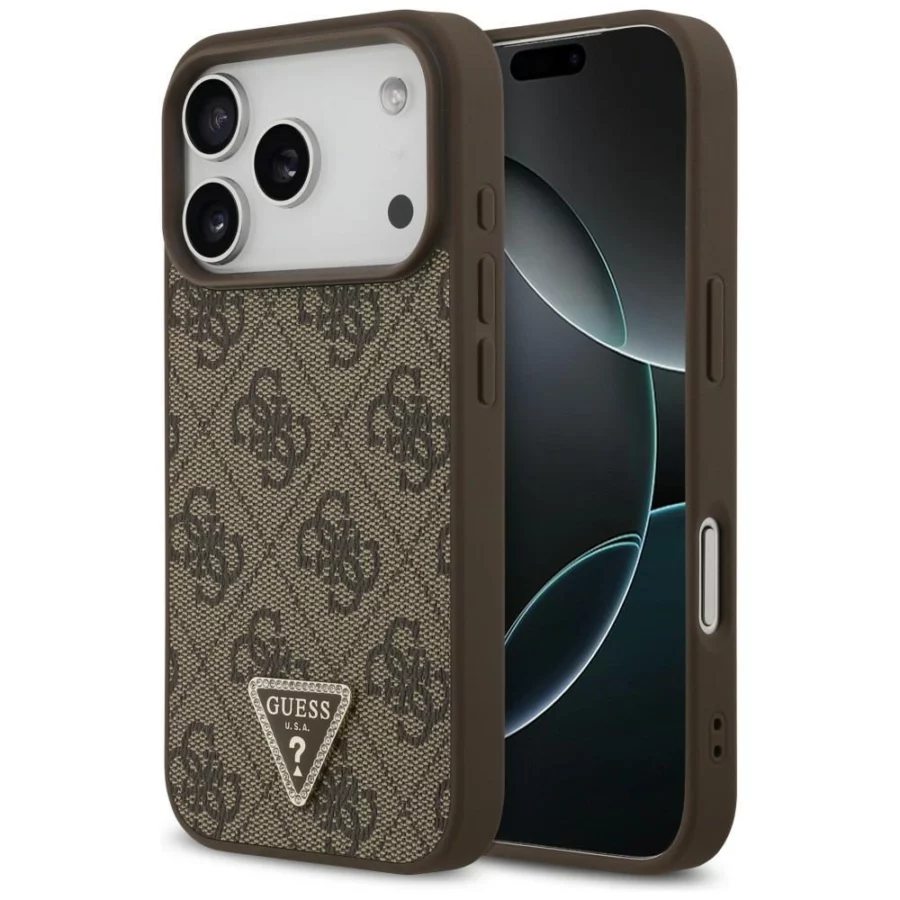 Etui Guess Leather 4G Triangle Strass MagSafe na iPhone 18 Pro / 17 Pro - brązowe