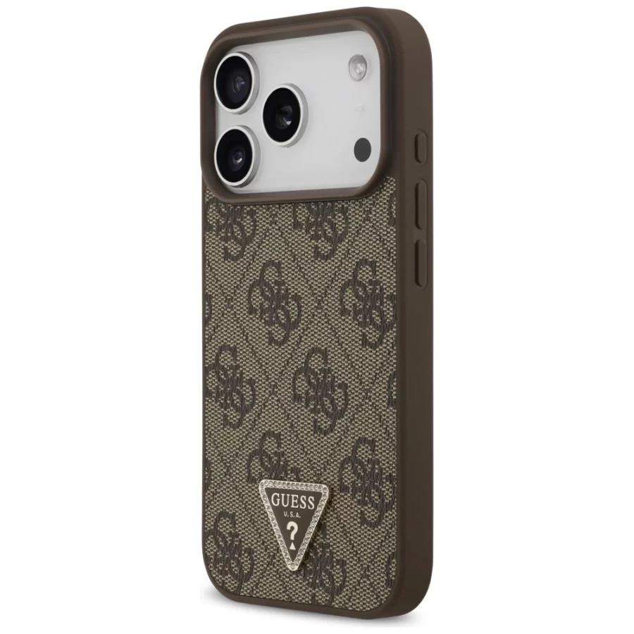 Etui Guess Leather 4G Triangle Strass MagSafe na iPhone 18 Pro / 17 Pro - brązowe
