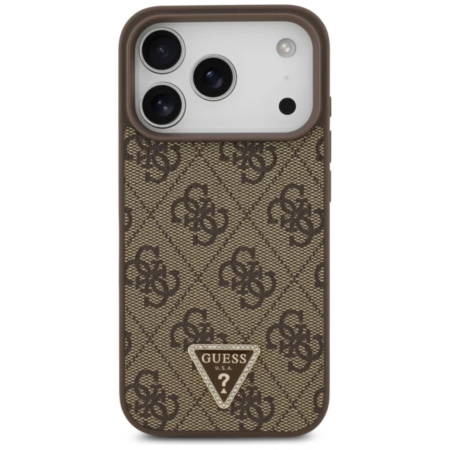 Etui Guess Leather 4G Triangle Strass MagSafe na iPhone 18 Pro / 17 Pro - brązowe