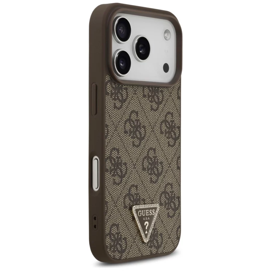 Etui Guess Leather 4G Triangle Strass MagSafe na iPhone 18 Pro / 17 Pro - brązowe
