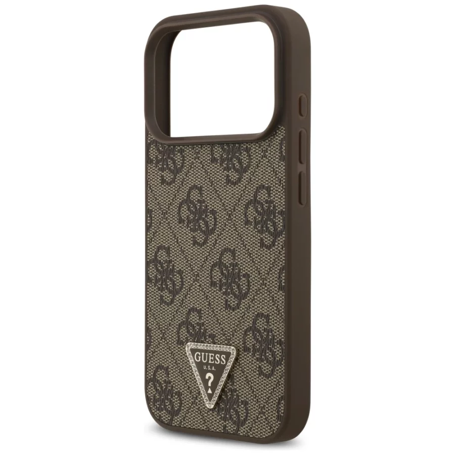 Etui Guess Leather 4G Triangle Strass MagSafe na iPhone 18 Pro / 17 Pro - brązowe