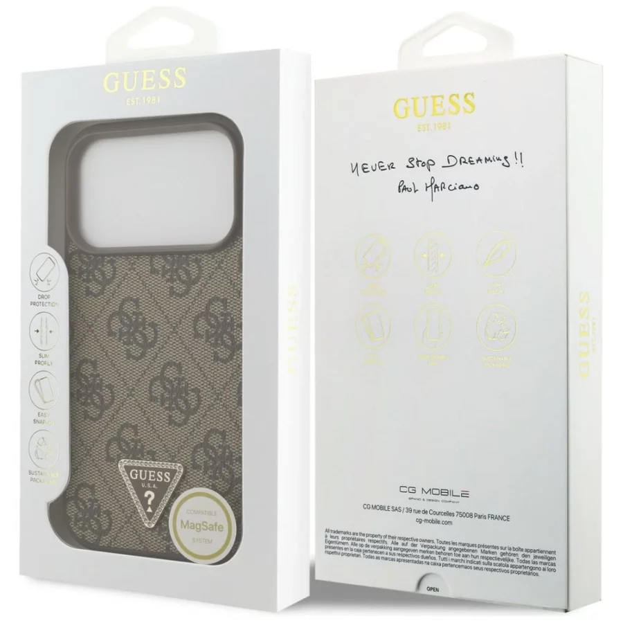 Etui Guess Leather 4G Triangle Strass MagSafe na iPhone 18 Pro / 17 Pro - brązowe