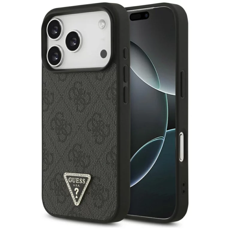 Etui Guess Leather 4G Triangle Strass MagSafe na iPhone 18 Pro / 17 Pro - czarne