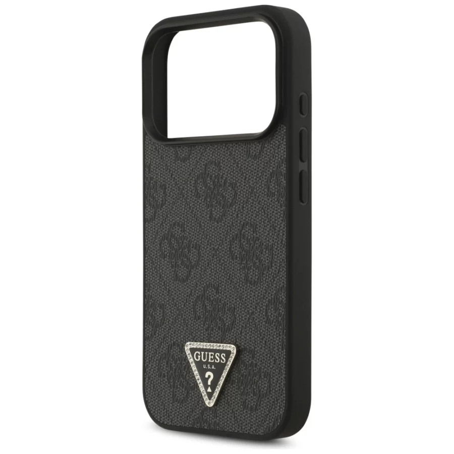 Etui Guess Leather 4G Triangle Strass MagSafe na iPhone 18 Pro / 17 Pro - czarne