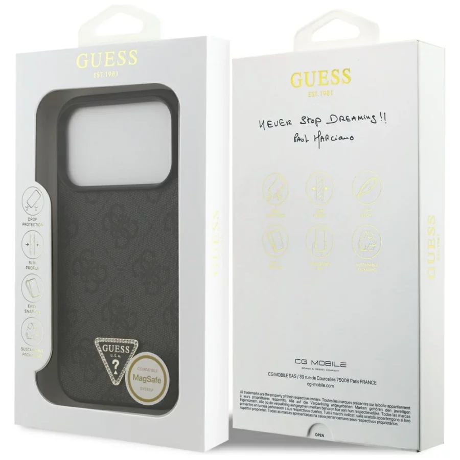 Etui Guess Leather 4G Triangle Strass MagSafe na iPhone 18 Pro / 17 Pro - czarne
