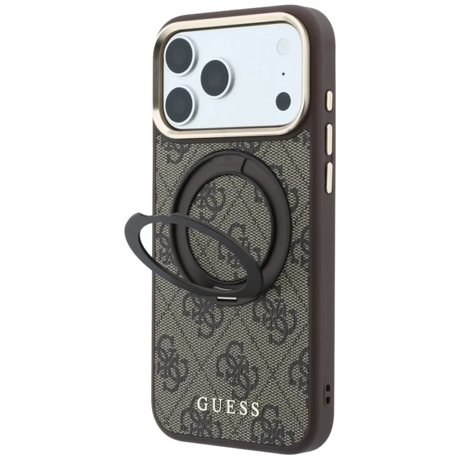 Etui Guess Ring Stand 360 4G Classic Logo MagSafe na iPhone 18 Pro / 17 Pro - brązowe