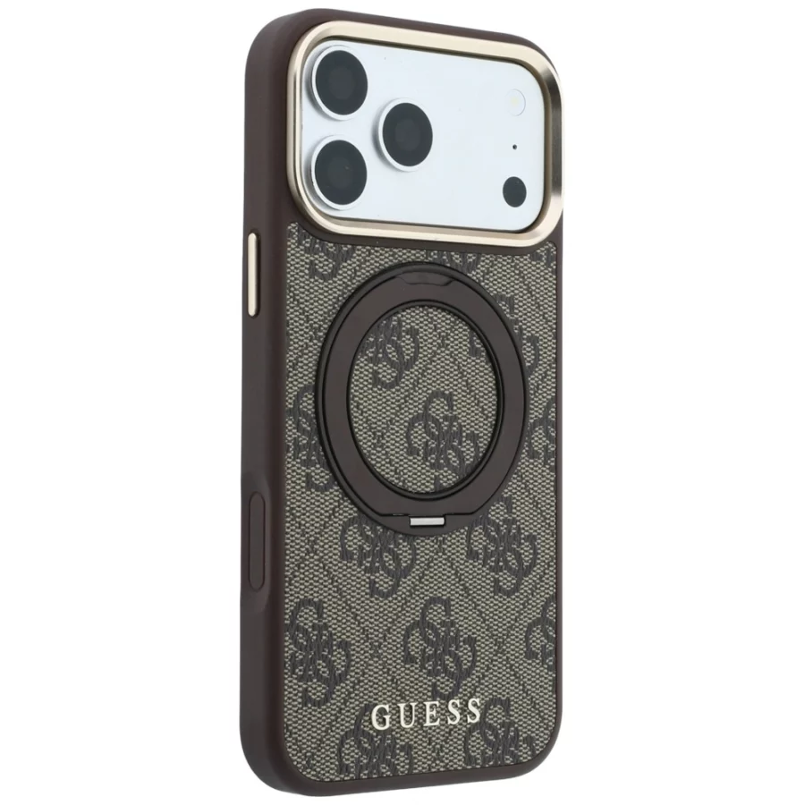 Etui Guess Ring Stand 360 4G Classic Logo MagSafe na iPhone 18 Pro / 17 Pro - brązowe