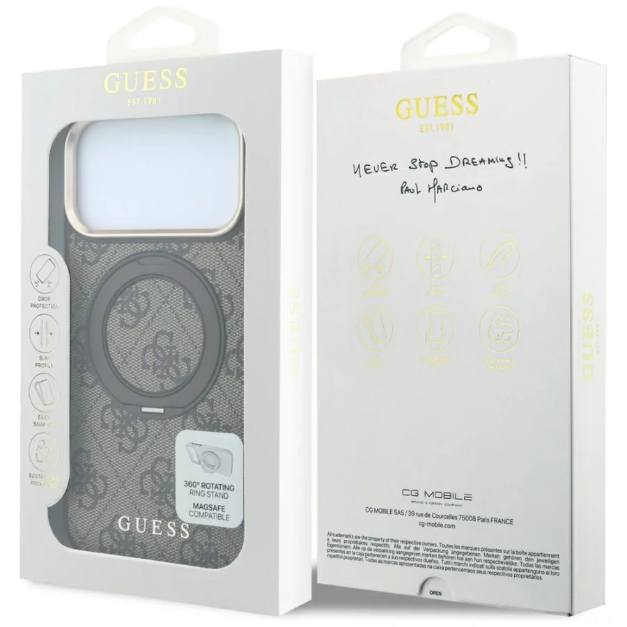 Etui Guess Ring Stand 360 4G Classic Logo MagSafe na iPhone 18 Pro / 17 Pro - brązowe