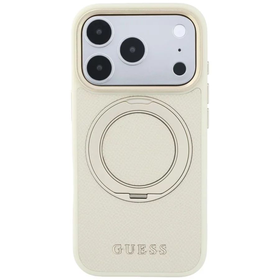 Etui Guess Ring Stand 360 Grained Classic Logo MagSafe na iPhone 18 Pro Max / 17 Pro Max - beżowe