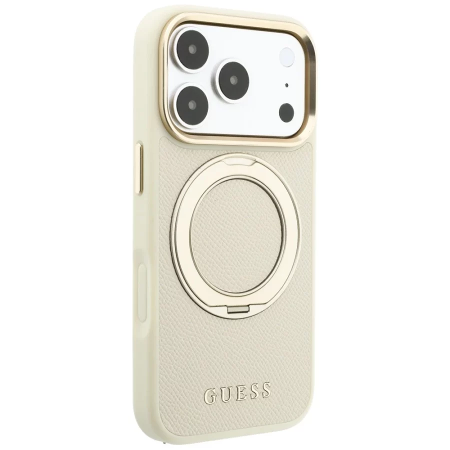 Etui Guess Ring Stand 360 Grained Classic Logo MagSafe na iPhone 18 Pro Max / 17 Pro Max - beżowe